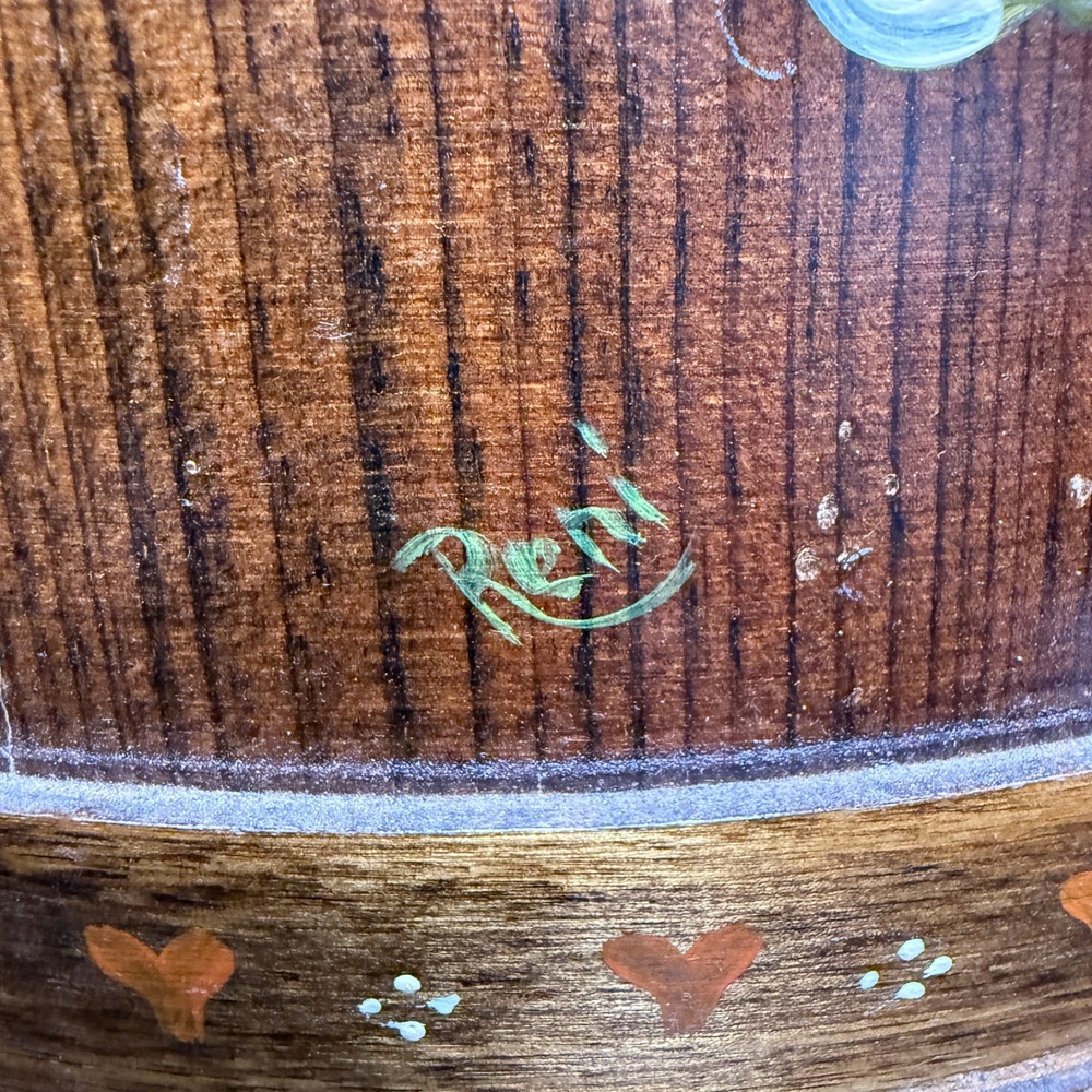 Vintage Hand Painted Folk Art Wooden Sewing Bucket Tripod Stool Signed Reni - Picture 6 of 9